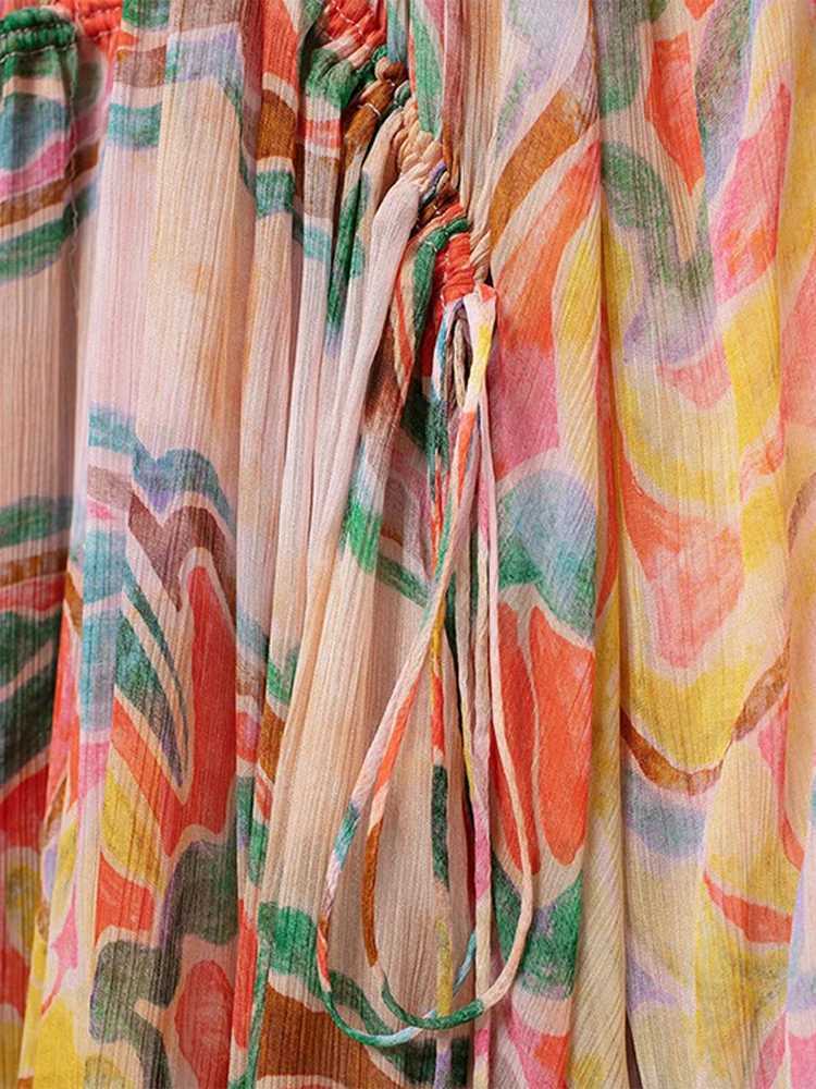 Urban Sexy Dresses Fashionable printed chiffon lace Dr womens loose O-neck long lantern Slve pleated womens dress 2025 summer womens colorful robe Y24