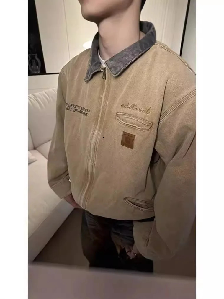 Retro canvas Detroit hunting jacket with thick cotton pockets and a lapel zipper suitable for mens autumn season 250313