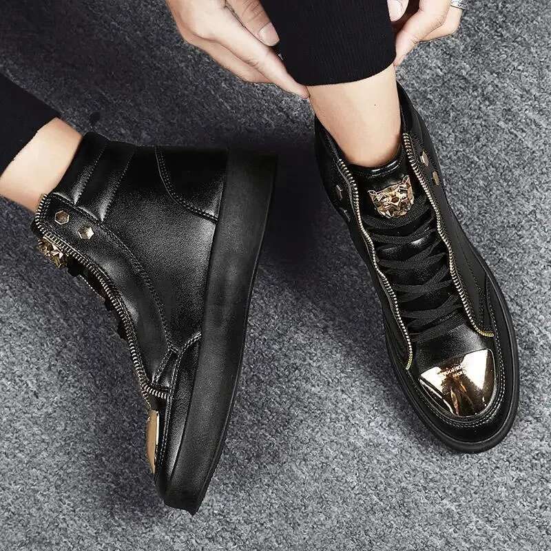 High Top Metal Casual Leather Trendy Street Dance Fashion Men's Ankle Boots Shoes for Men