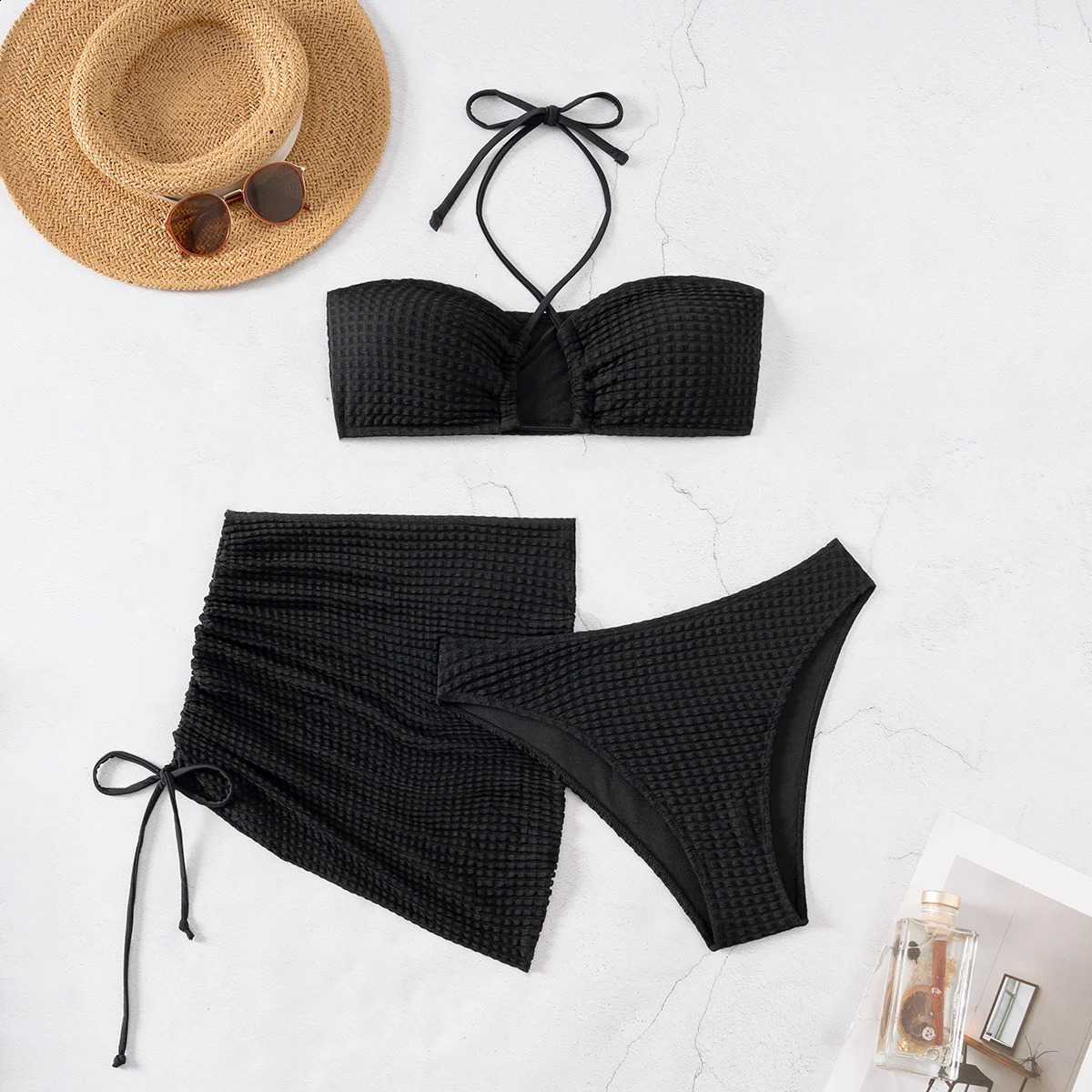 3piece bikini set in beige color sexy hanging collar swimsuit for women side pull rope womens beach 250313