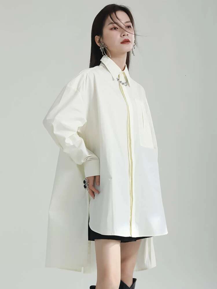 Women Blue Irregular Big Size Blouse New Lapel Long Sleeve Loose Fit Shirt Fashion Tide Spring Autumn 2025 1Df6598