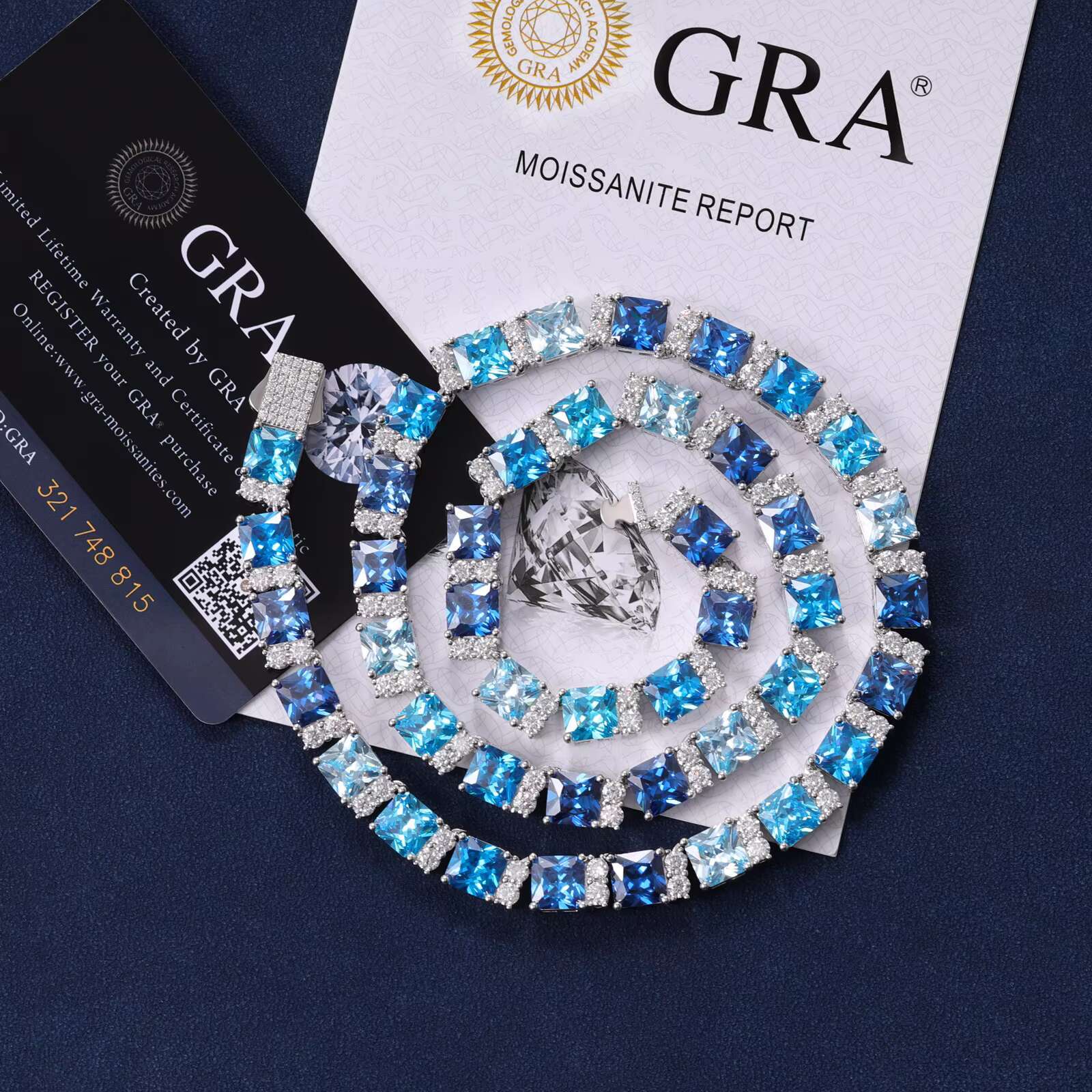 New design pure sier Vvs Moissanite 6.5mm long stick tennis chain necklace, summer blue gradient accessory