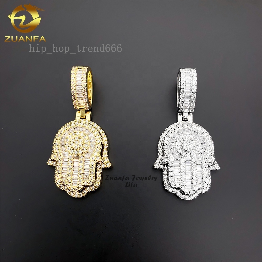 Hip Hop Jewelry baguette Diamond 925 Sterling Silver Gold Plated Charm Moissanite Hamsa Pendant