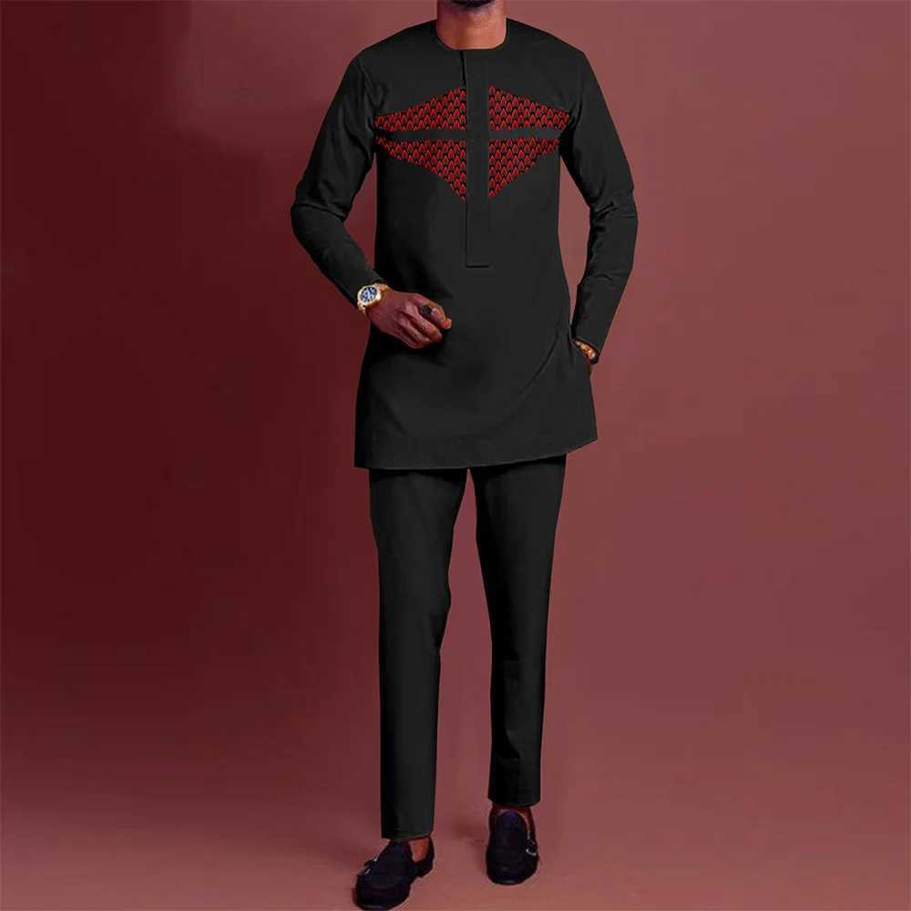 New 2PC African Traditional O-neck Clothing Dashiji Muslim Mens Luxury Brand Clothing Full Pants Set X250313