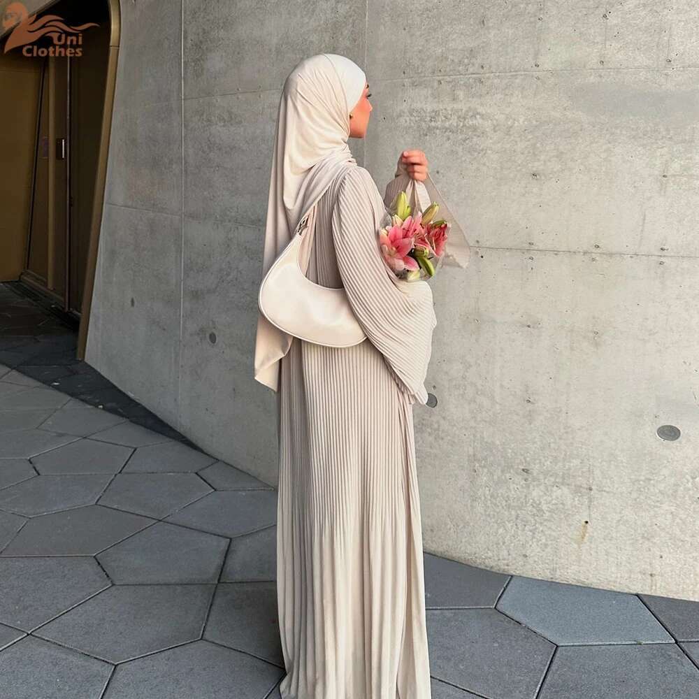 Uni Ramadan Muslim Solid Wrinkle Dresses For Women's Dubai Moroccan Petal Sleeve Abayas O-Neck Elegant Ka 2024