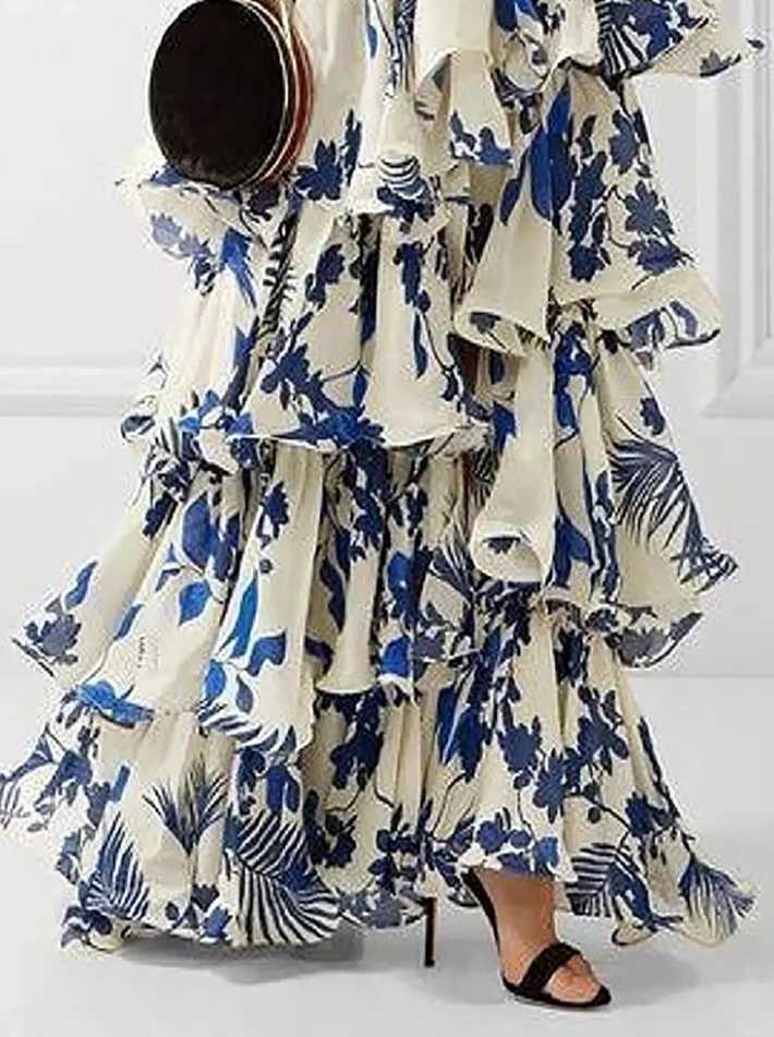 Urban Sexy Dresses Elegant Womens Dr Floral Printed Slvel Cross Halter Off Shoulder Hollow Out Ruched Tie Details Layered Ruffle Midi Dr Y240312SLEA