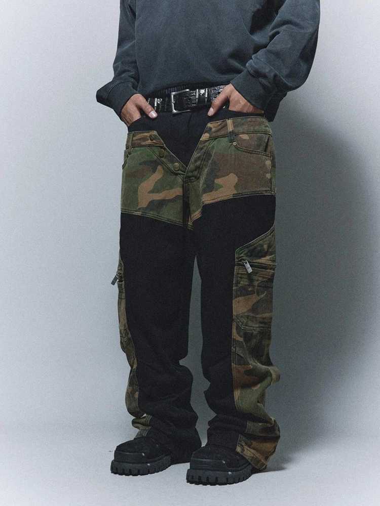REDDACHIC Retro Patch Work Camouflage Cargo Jeans Mens Comparison Loose High Waist Hip Hop Wide Leg Jeans Harajuku Street Clothing X250313