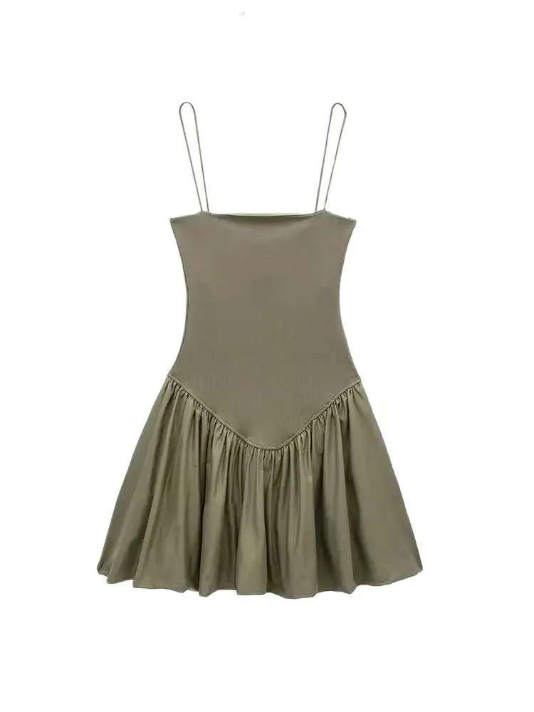 TRZAWomens Patchwork Ribbed Poplin Puff Mini Dress Straight Neck Thin Straps Female Dresses Sexy Fashion 250313