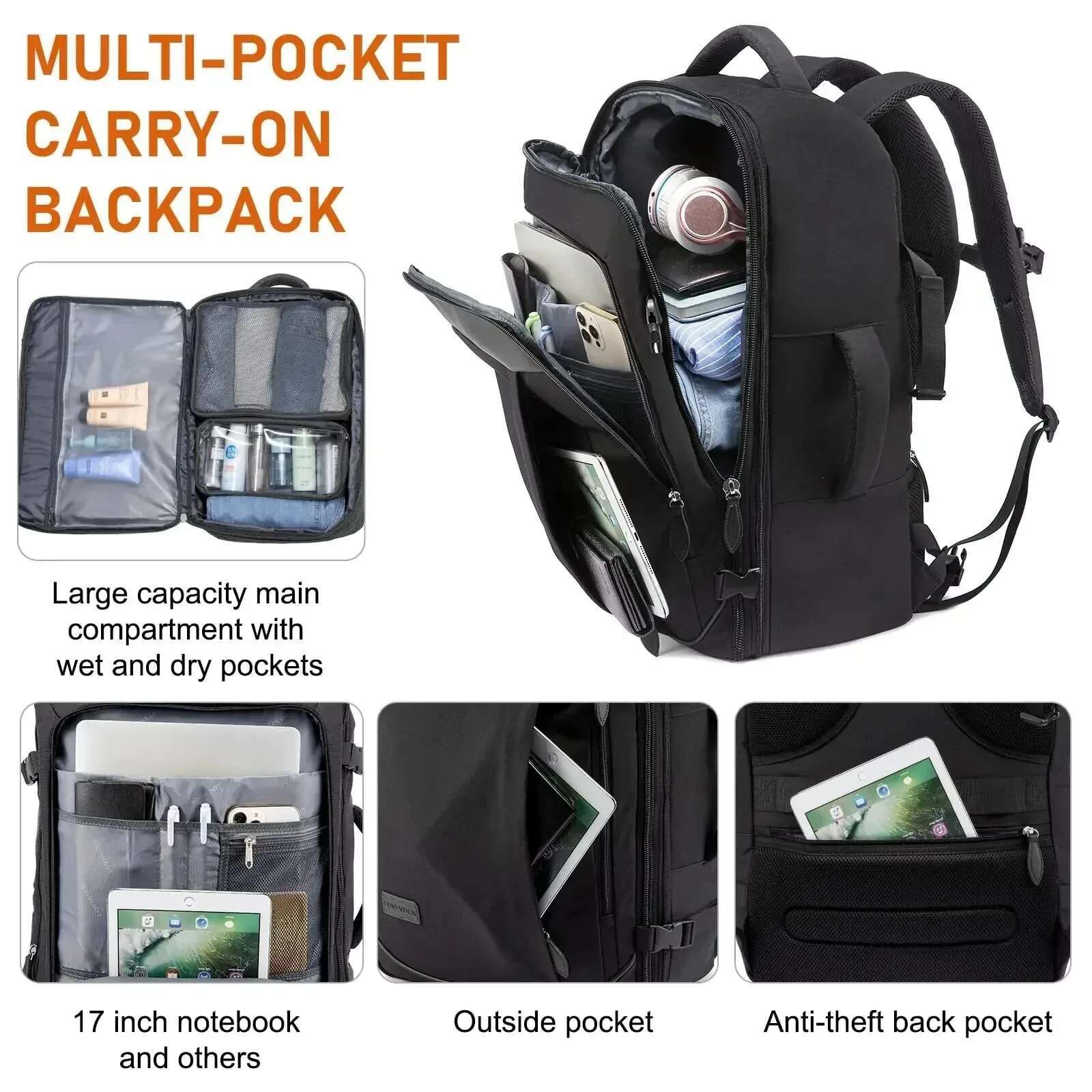 40L Capacity Laptop Expandable Large Suitcase Waterproof Lage Travel Backpack