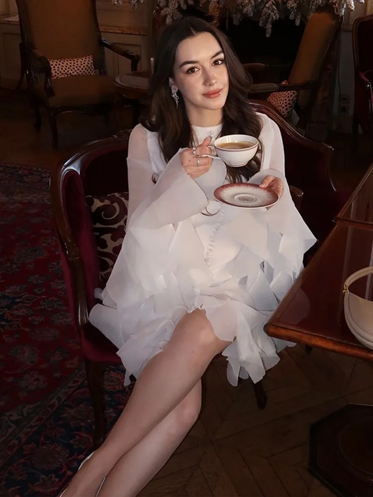 Trumpet Sleeves Puffy Short Dress Woman Single Breasted Lace Waist Cinching Solid Color ONeck Dresses Elegant Women Mini 250313