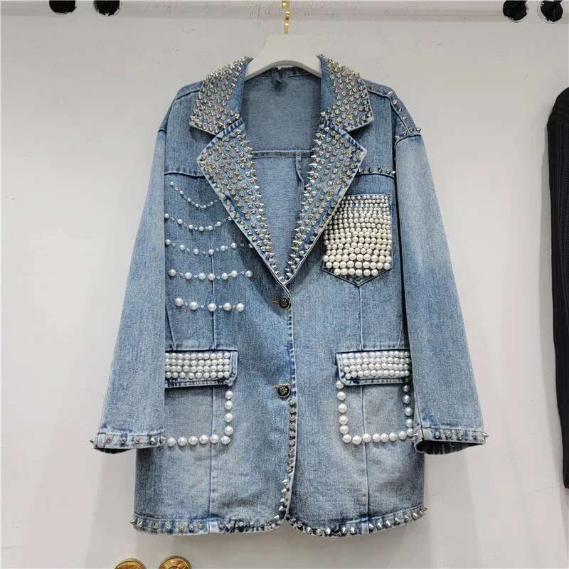 Women Pearls Beaded Denim Suits Jacket Turn Down Collar Jeans Blazers Coat Spring Autumn Loose Rivets Cardigan Mid Length Tops