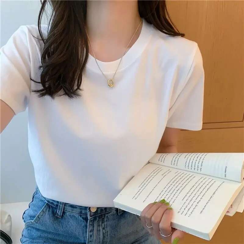 Solid Women Short Sleeve T-Shirt Cotton O Neck Loose Black White Basic Thin Tops Fashion Haruku Casual Tshirts Oversized Tees