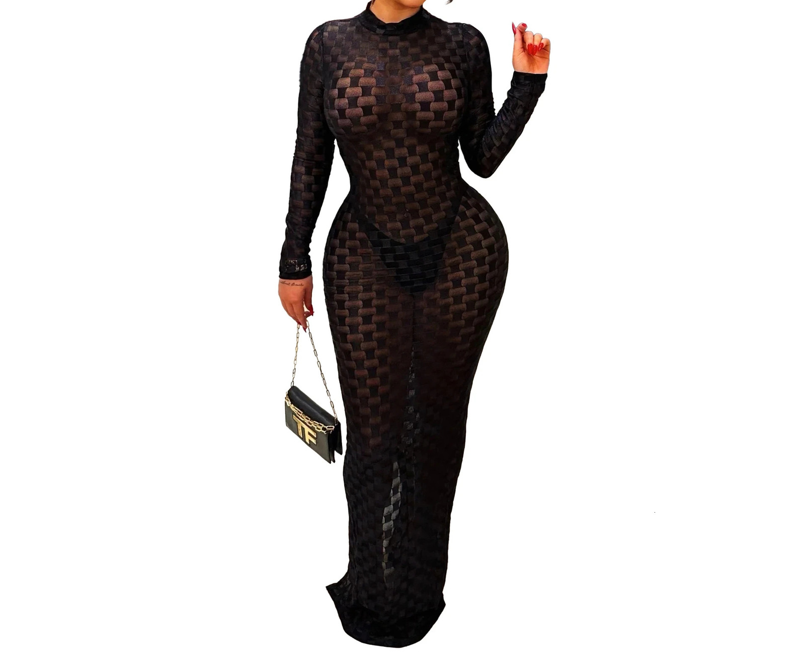 Turtleneck Skinny Women Dresses sexy Skint long sleeved Bodycon Streetwear Party Club hollow dress 250313