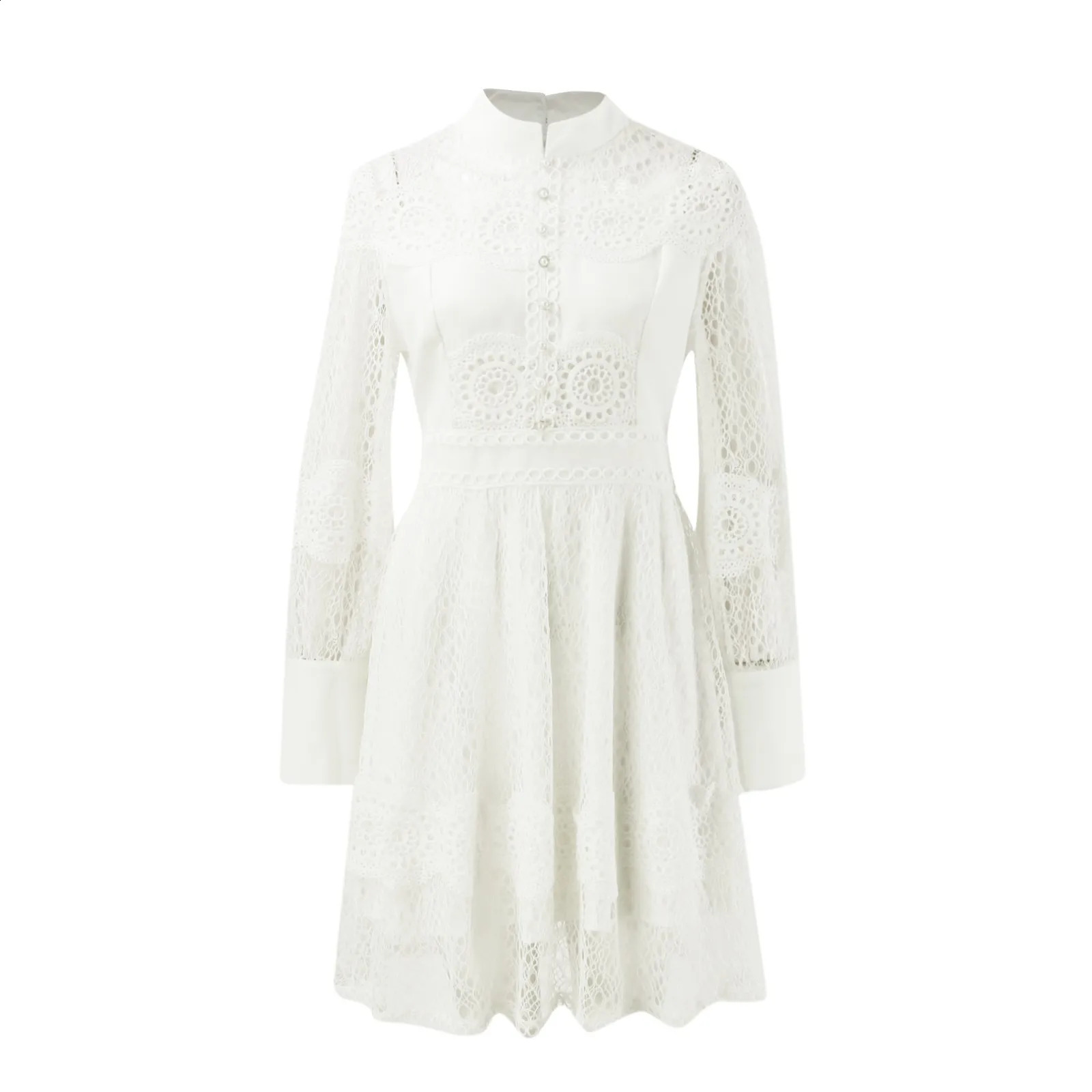 Hollow Out Lace Summer Dresses Sexy Long Sleeve Back Zipper Dresses Stup Collar Swing Elegantes For Women Party Plus Size 250313