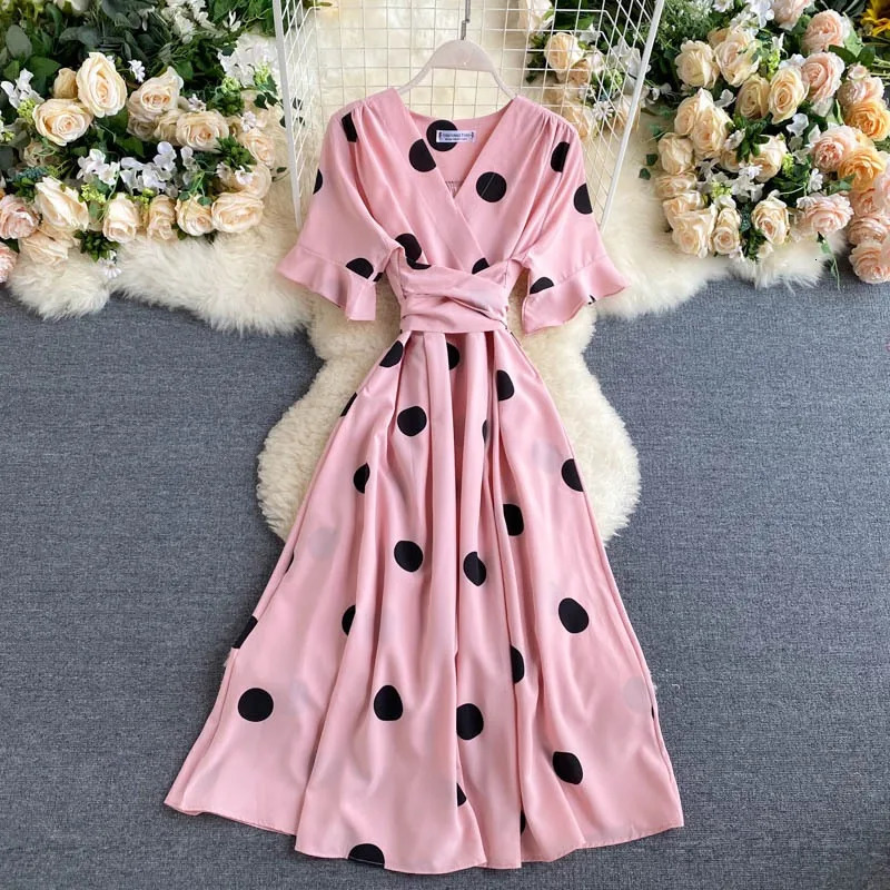 YuooMuoo Women Dress Korean Fashion Polka Dot Print Long Summer Vacation Style Sash Bandage Big Swing Beach 250313