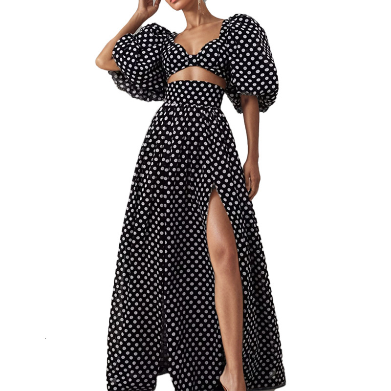 2025 Spring New Bubble Sleeve Short Top Seaside Vacation Style Sexy Split Skirt Set