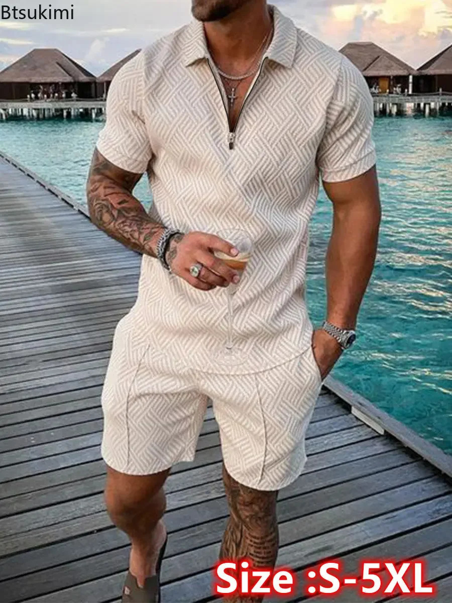 Size 4XL 5XL mens casual shorts set for summer wearing polo shirtshorts zipper front sweatshirt track and field outfit Ropa De Hombres 250313