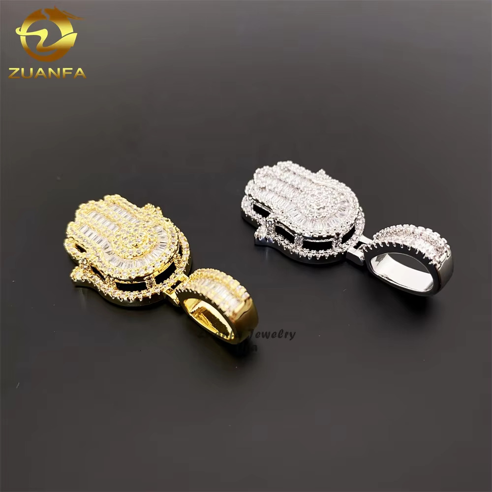 Hip Hop Jewelry baguette Diamond 925 Sterling Silver Gold Plated Charm Moissanite Hamsa Pendant