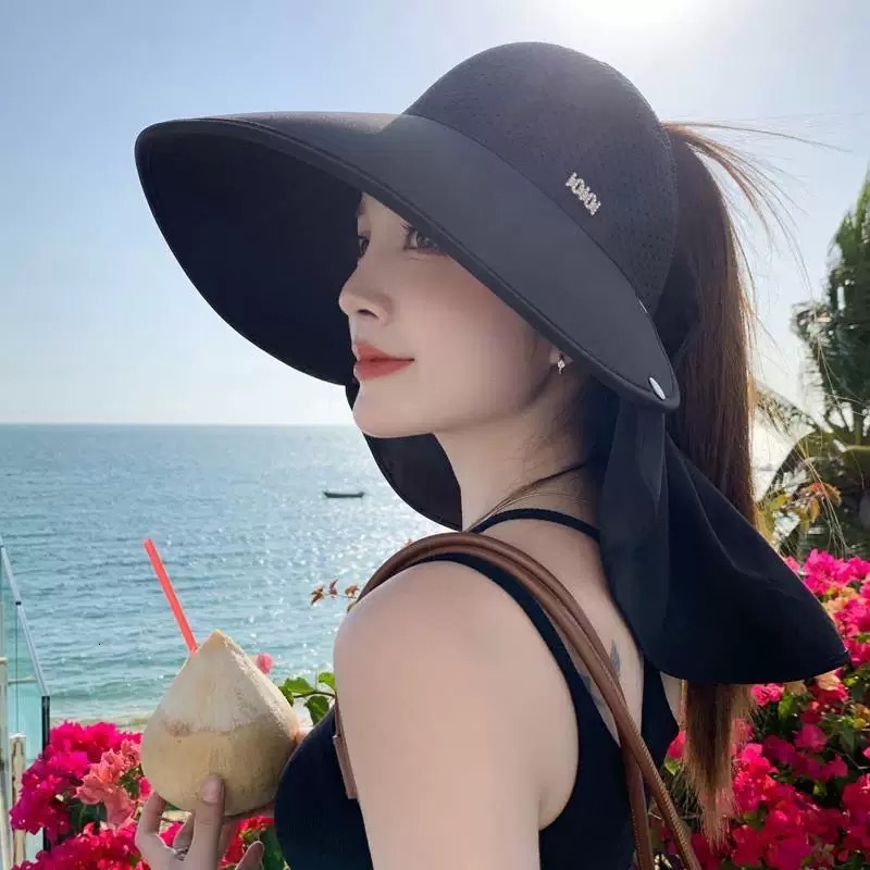 baseball cap New Large brimmed Sunshade for Women's Summer Seaside Breathable Grass Weaving Face Covering Lace Beach Sunscreen Hat