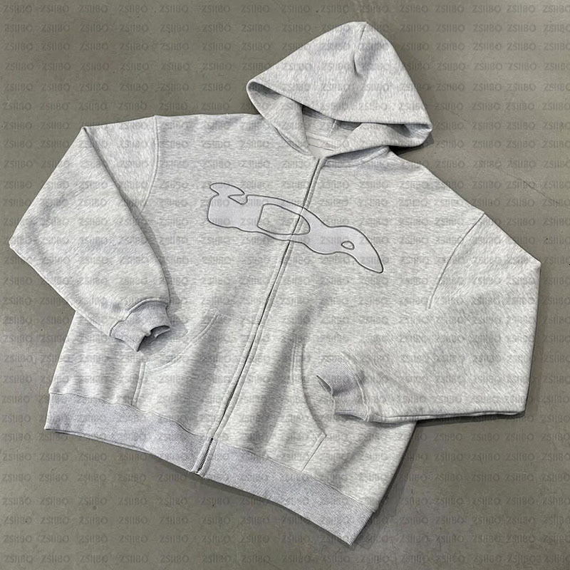 Trendy brand new minimalist hip-hop daily casual geometric pattern printed zipper hooded sweatshirt for women 250103