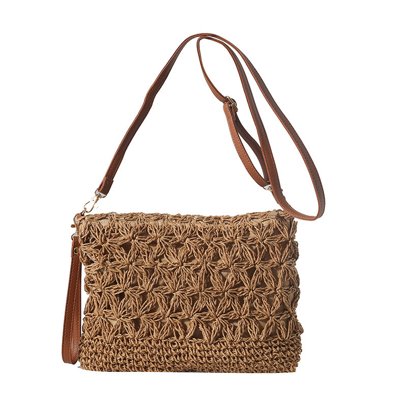 Straw Artistic Hand-Held Shoulder Crossbody Hand Woven Small Square Bag, Women's Travel Hollowed Out Bag