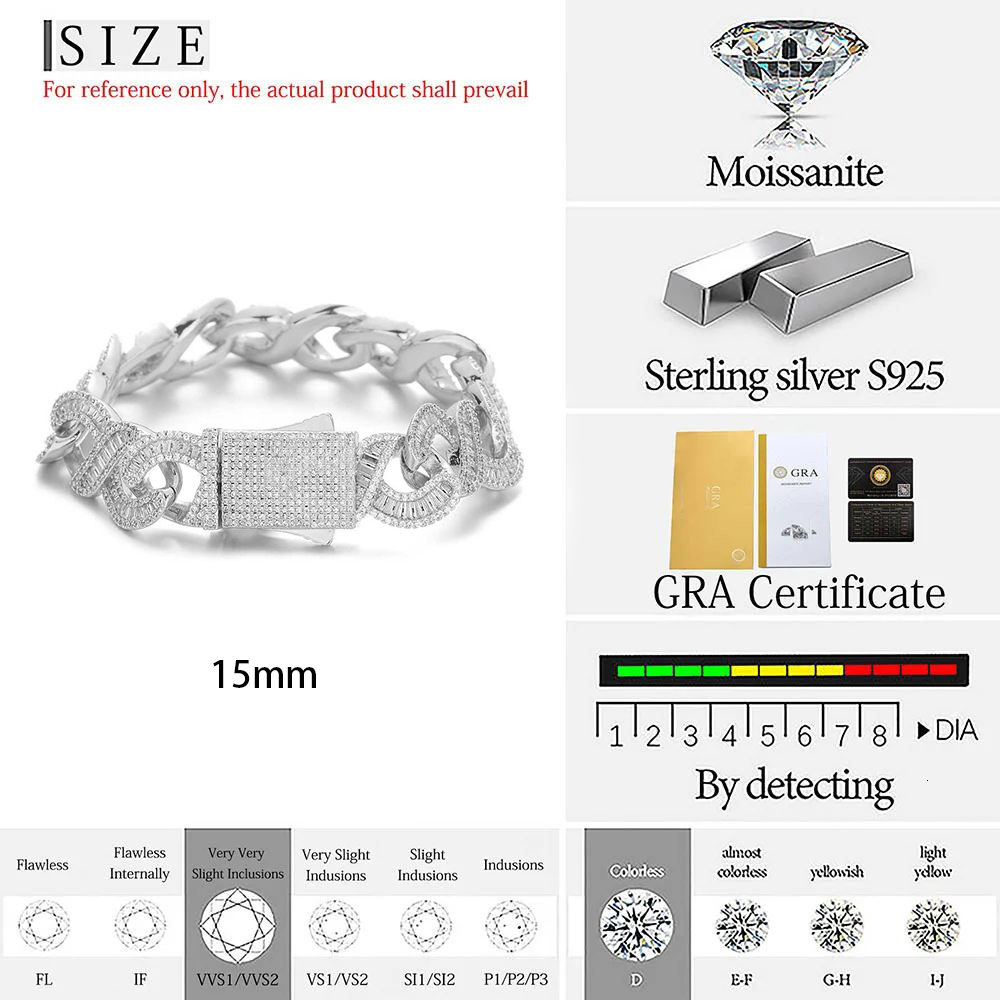 Mixed inlay Jewelry Hip Hop D Color Moissanite Cuban Necklace Ice Out 925 Silver Baguette VVS Cuban Link Chain Men Gift