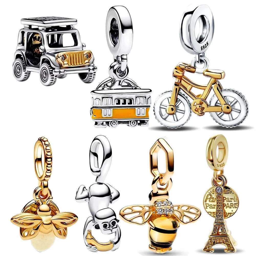 New 925 Sterling Silver Gold Bus Bus Charm Fit S925 Snake Bracelet Diy Charm Women's Fine Jewelry Gift
