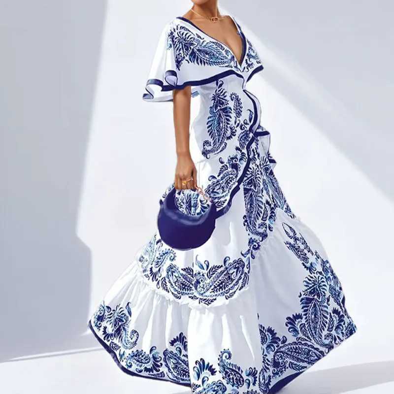 Urban Sexy Dresses Elegant Pattern Printing V-neck Maxi Dr New Casual Wrinkle Short Slip Holiday Dr 2025 Spring Womens New Pullover Dr Y240312HB00