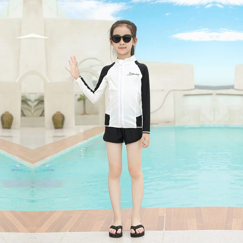 Three Piece Long Sleeve Cover Up Swimwear Korean Beach Wear Kids Girls Boys Swimsuit White Black Rash Guard Bathing Suits Pants 250313bj