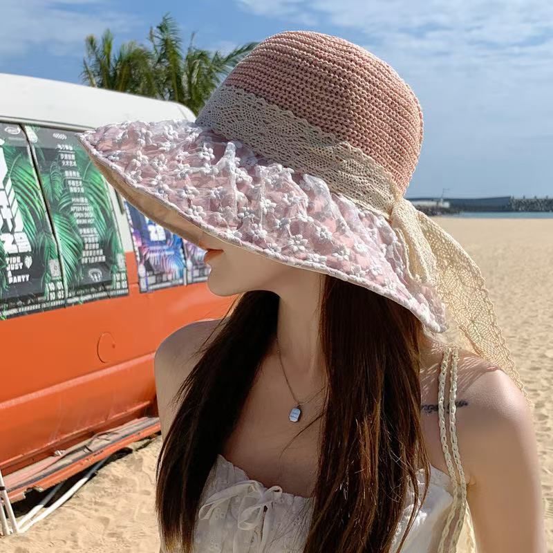 baseball cap 2025 Spring Summer New Beach Sunscreen Fashion and Versatile Lace Large brimmed Sun Hat