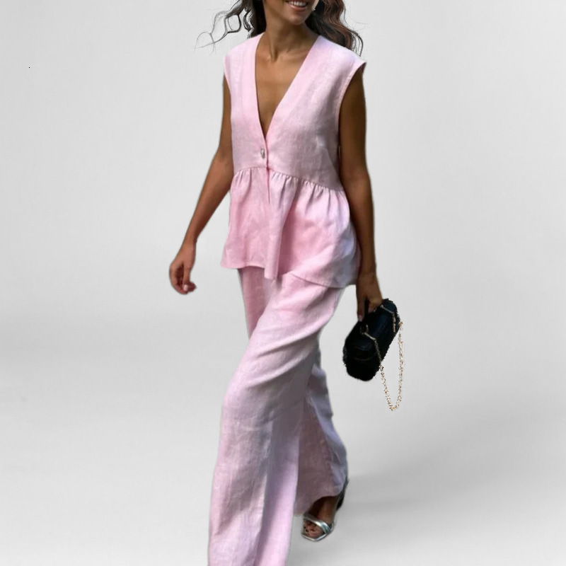 2025 Spring New V-Neck Button Sleeveless Top, Vest Pants, Stylish Commuter Set For Women