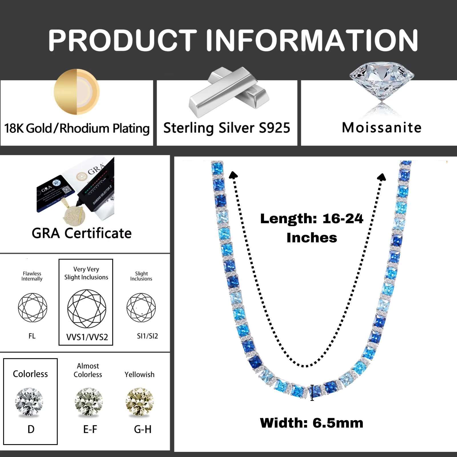 New design pure sier Vvs Moissanite 6.5mm long stick tennis chain necklace, summer blue gradient accessory