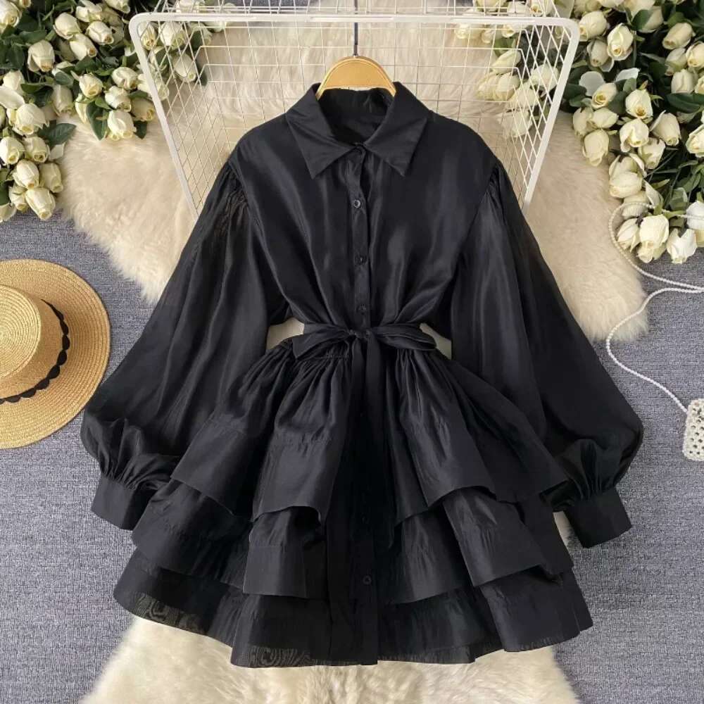 High Waist Cake Vestidos Mujer Laple Neck Lantern Long Sleeve Women Dresses Lace Up Tunic Dress Print Vestido 2025 Robes