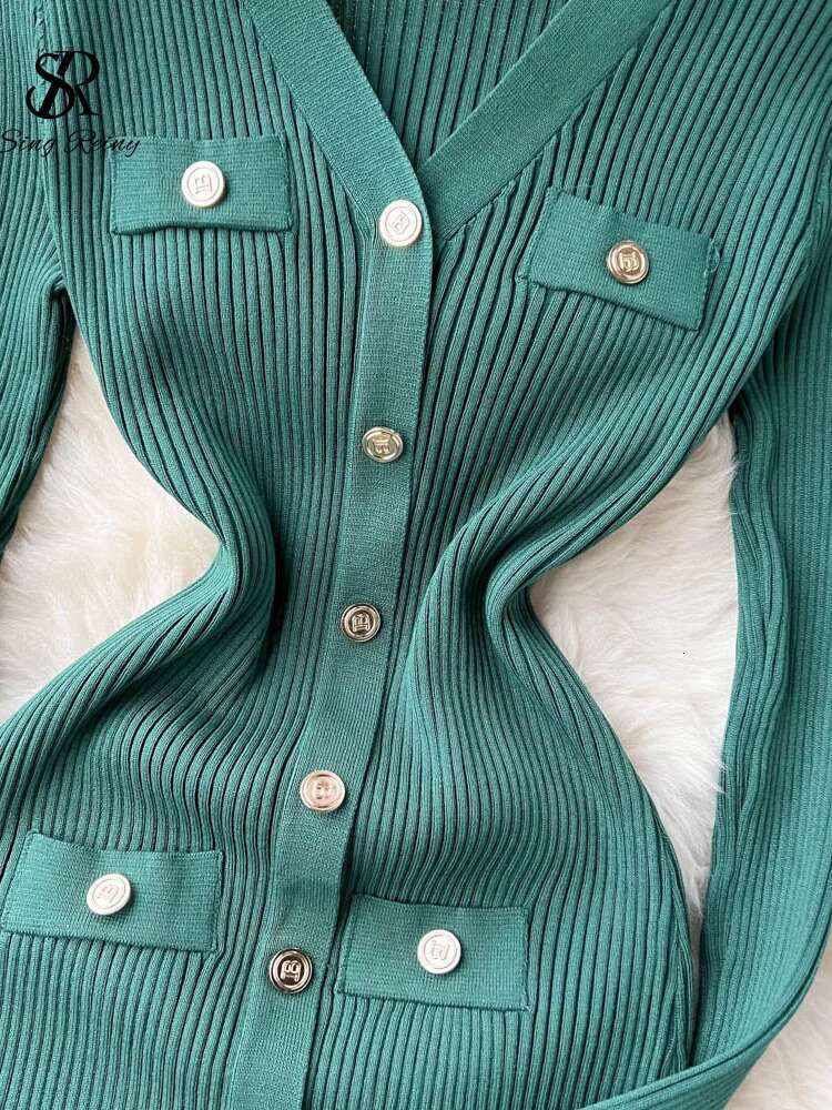 Winter Slim Design Knitted V Neck Single Breasted A E Split Midi Sleeve Women Sweater Long Dress