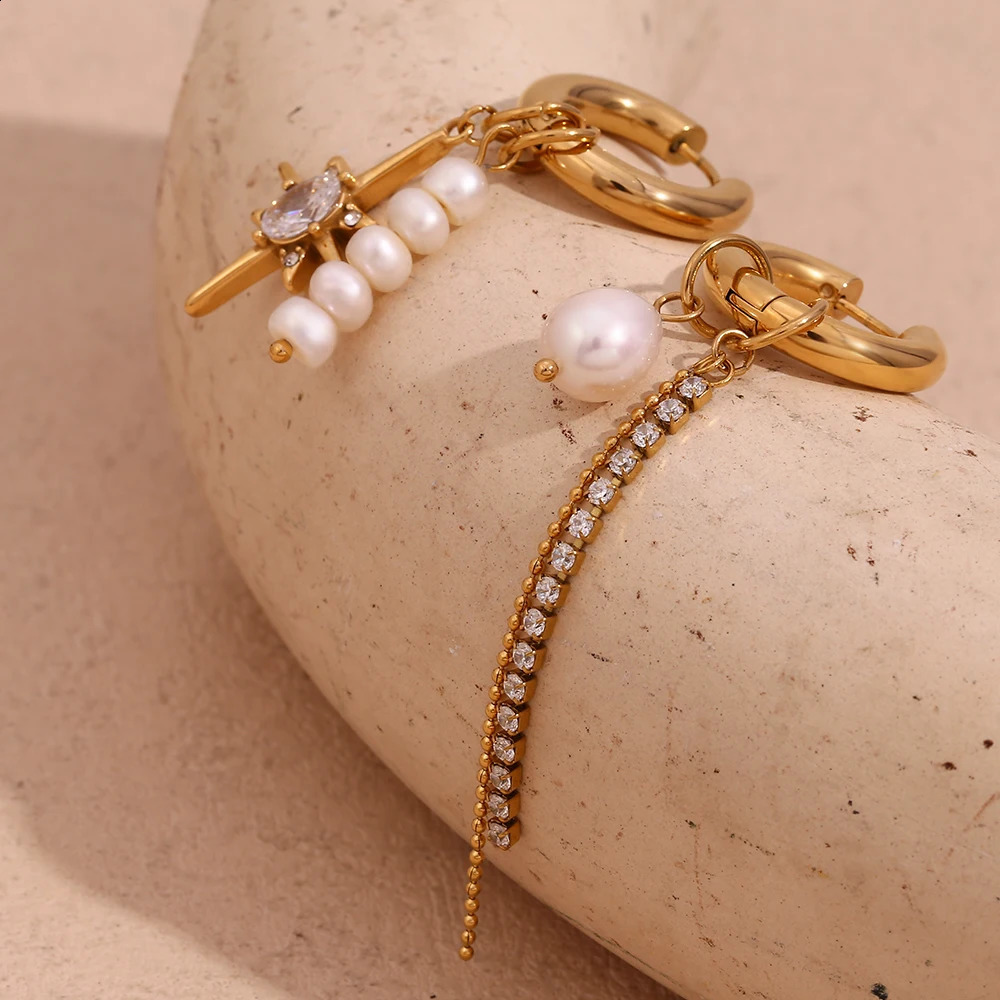 EBbelle Asymmetric Freshwater Pearl Zircon Octagonal Star Chain Earrings 18K Gold Plated 316L Stainless Steel Decoration 250313