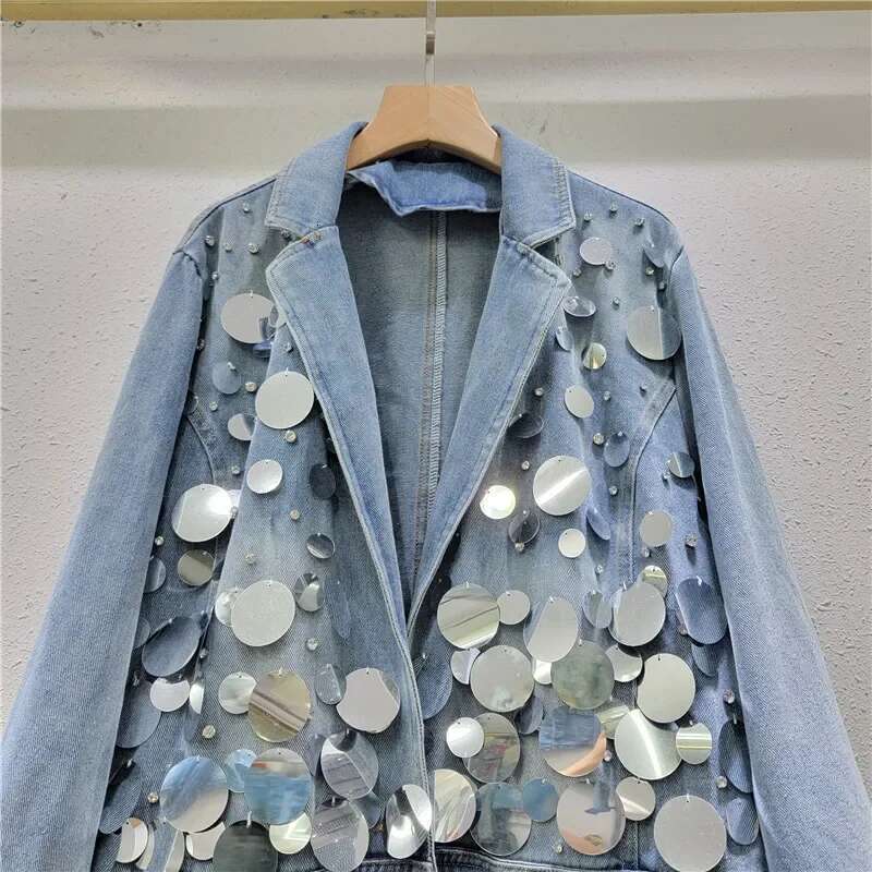 Women Big Sequins Denim Blazers Coat Spring Dias Beaded Jeans Jacket Suit Turn Down Collar Rhies Cowboy Cardigan Tops