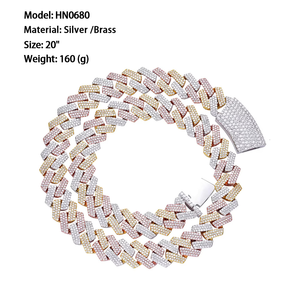 New Design Fashion Hip Hop 15MM Caged Back Iced Out Cubic Zirconia 14K Solid Gold Brass Three Color Plated Cuban Chain for Men