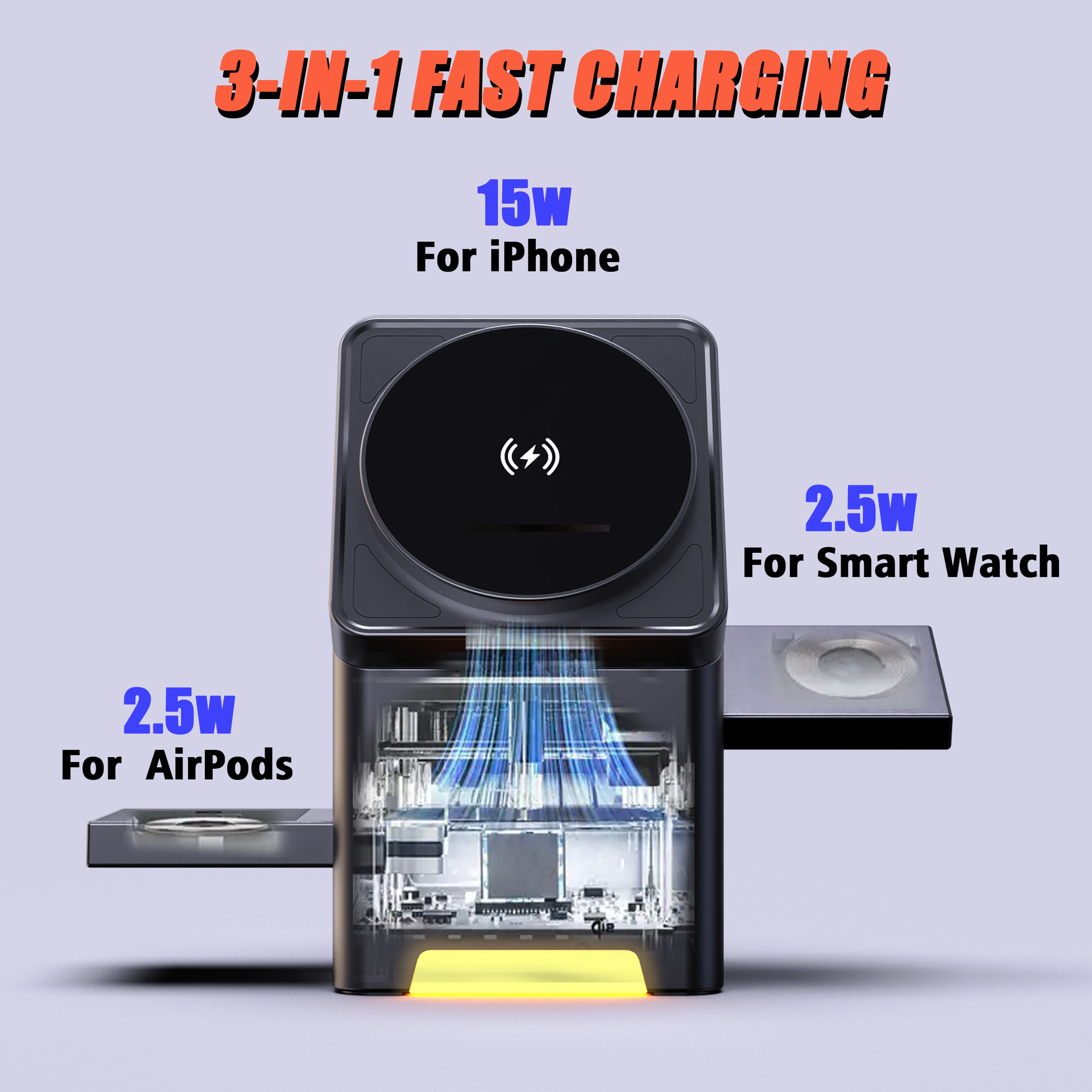3-in-1 Magnetic Wireless Charger Station Qi2 Certified 15W Fast Charge with Auto-Rotating Magsafe & Pop-Up Design for iPhone 15/14, Apple Watch Ultra/