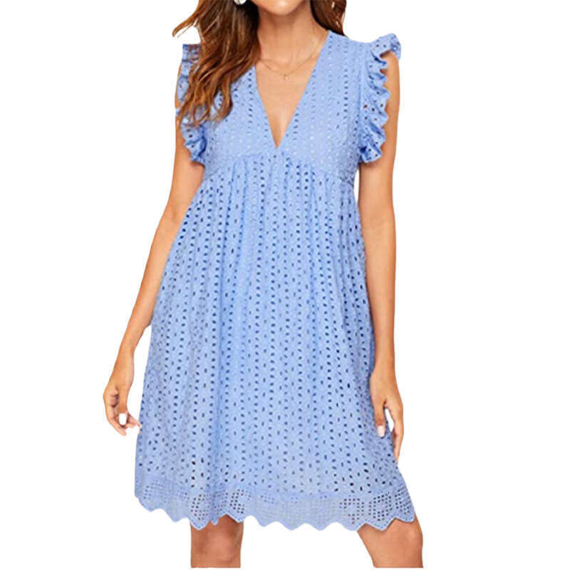 European American women's lace jacquard hollow V-neck dress with double layered pocket cover, versatile and trendy new clothing in 2025