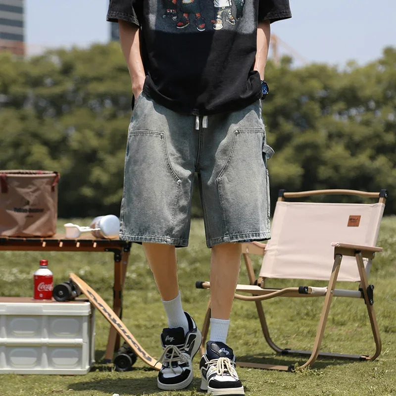 Summer high street straight denim mens retro loose casual shorts wear elastic waist cargo 250313
