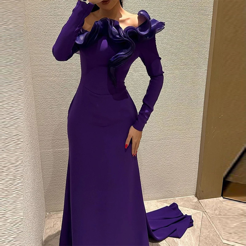 Purple Ruffle Off Shoulder Womens Evening Dress Fashion Temperament Slim Robe Dresses Sexy Hollow Out Long Sleeved Party 250313