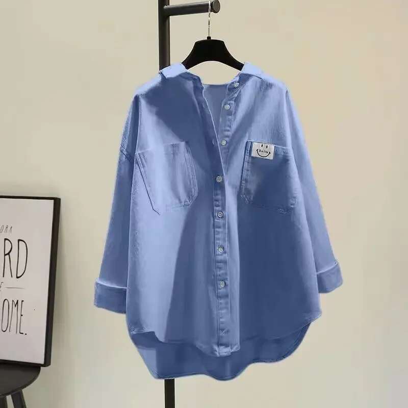 Thirteen-Row Blue Women's Shirt Long Sleeve Autumn/Winter New Simple Commuting Korean Version Loose-Fit Casual Top