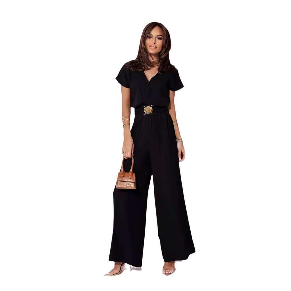 women's clothing, European and American solid color V-neck waist cinched short sleeved pants jumpsuit, 2025 new casual versatile fashion clothing