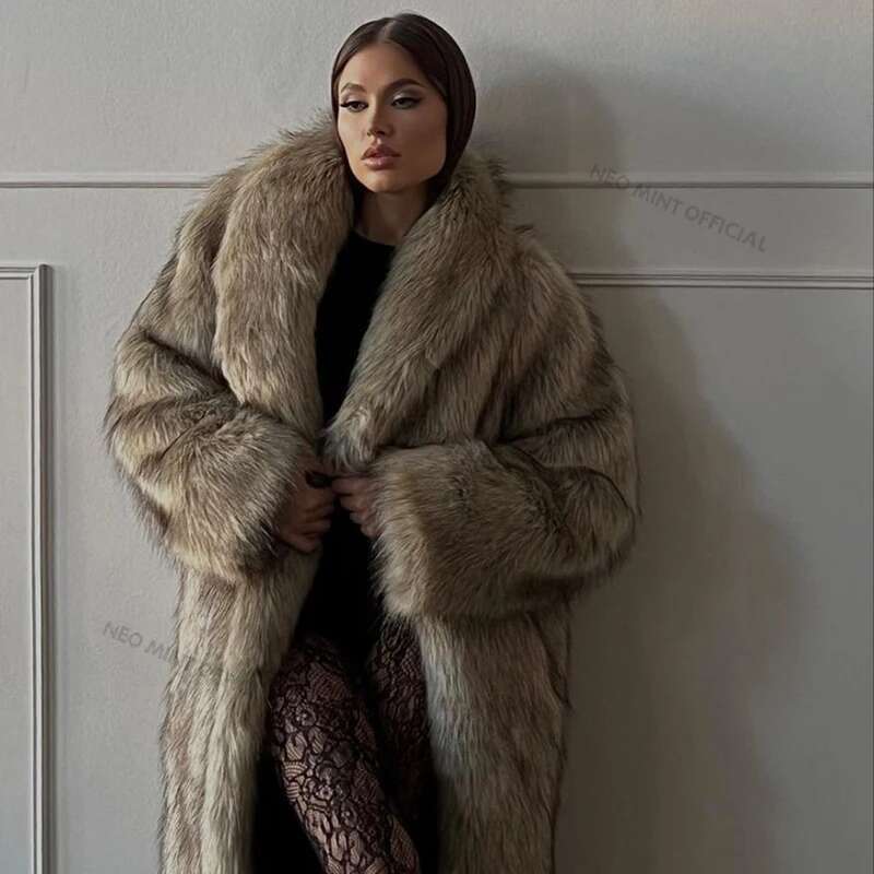 Neo Mint Mob Wife Aesthetic Long Faux Coat Women Winter 2024 Fluffy Gradient Fox Fur Jacket Female Furry Overcoat