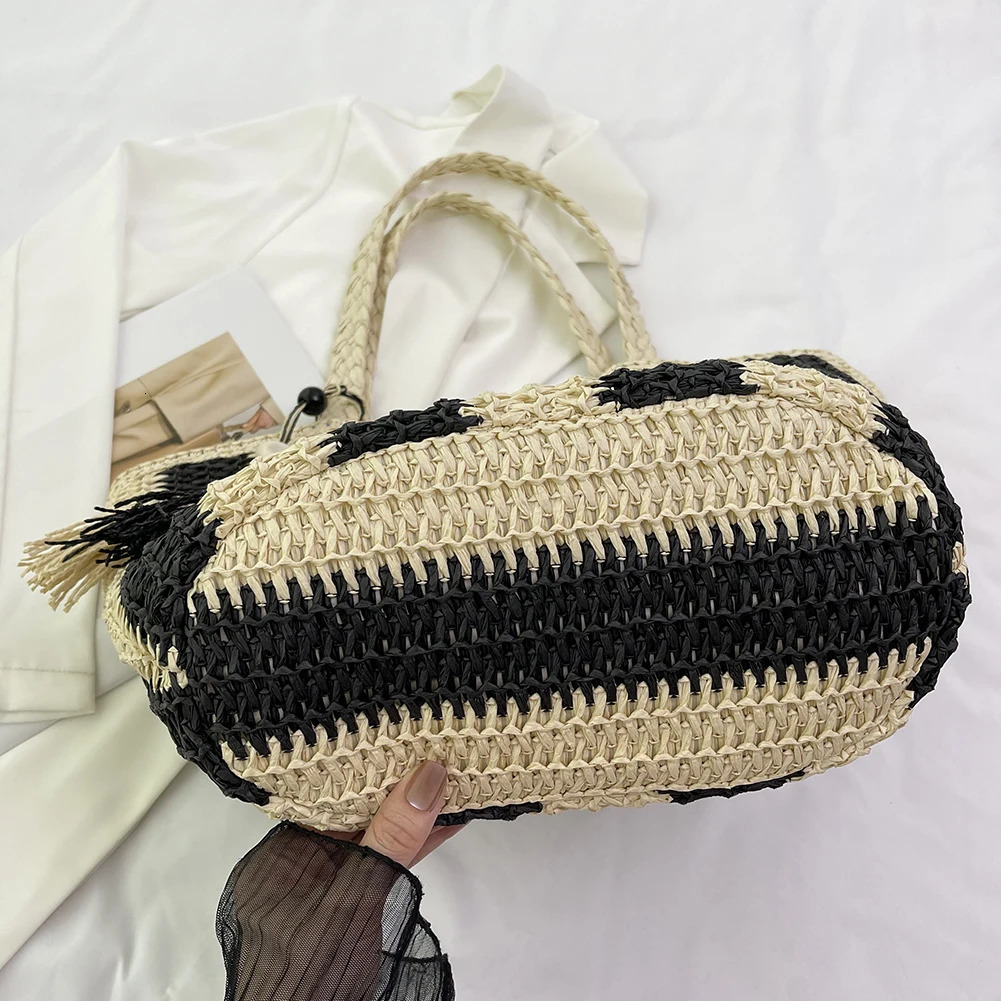 Striped Straw Beach Bag Large Vacation Bag Woven Holiday Travel Handbag with Tassel for Women Work Travel Vacation R250312