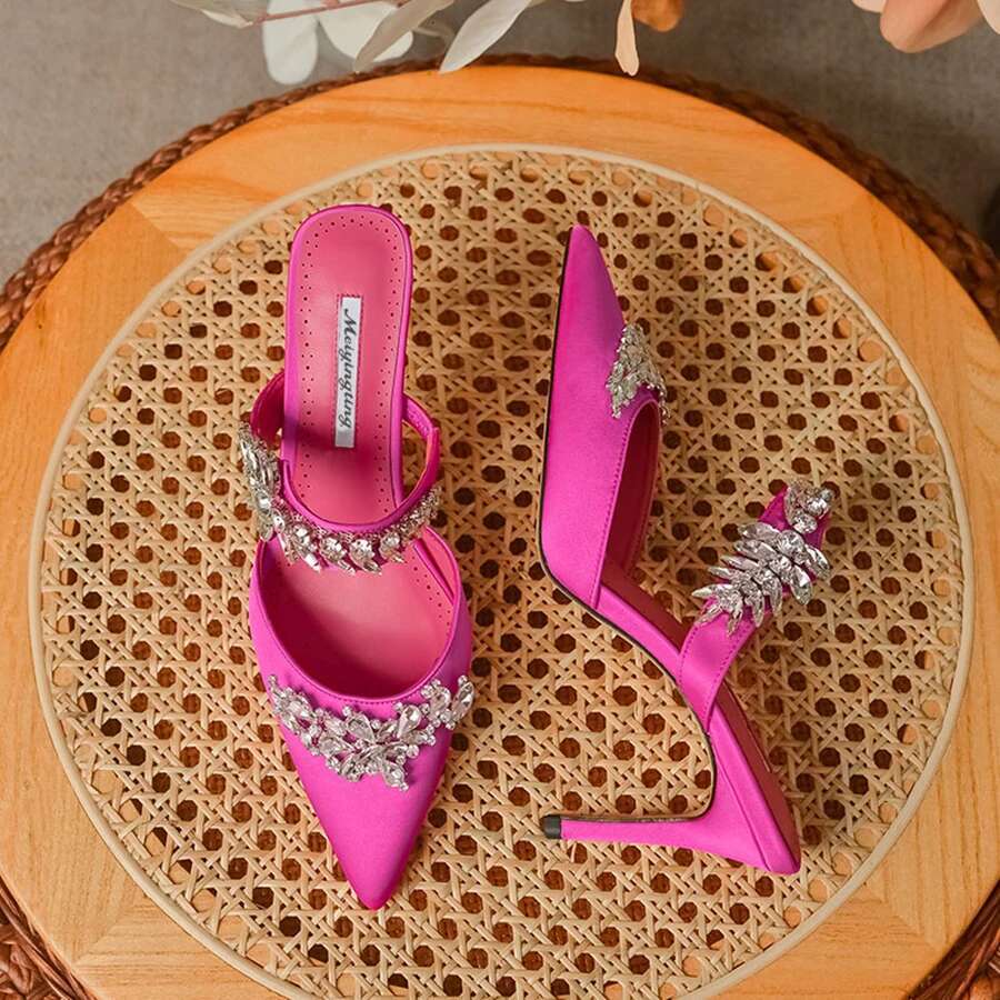 Women's High Heelstemperament Baotou Silk Wheat Ear Rhies Muller Semi-Trailer Pump Pointed Stiletto Sandals