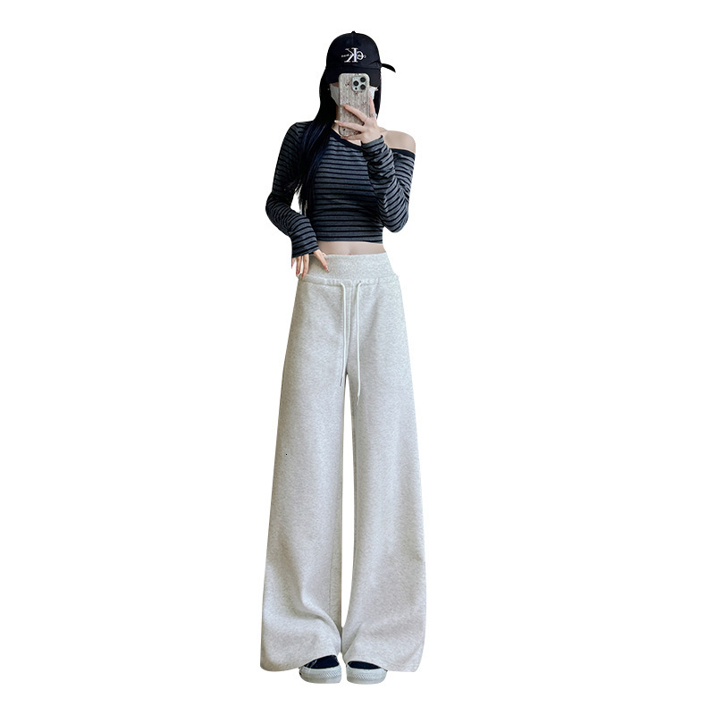 Grey Sports For Women's Spring 2025 New High Hanging Straight Sweatpants, Ribbed Waist American Wide Leg Pants