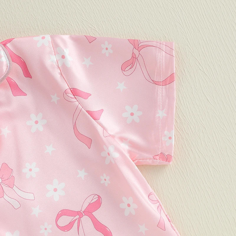 Toddler Girls Summer Pajamas Set Flower Bow Print Button-Down Lapel Short Sleeve Shirt and Shorts Lounge Wear 2 Pcs Sets 250312