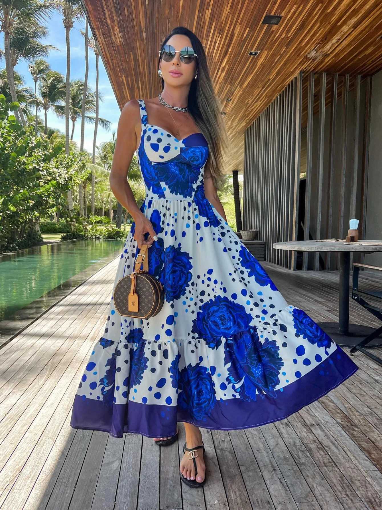 Urban Sexy Dresses 2025 Summer Print Long Dr Women Clothing Lace Up Sling Party Dres Pattern Strappy Ladies Hollow Out V-Neck Beach Vestidos Y2403128H