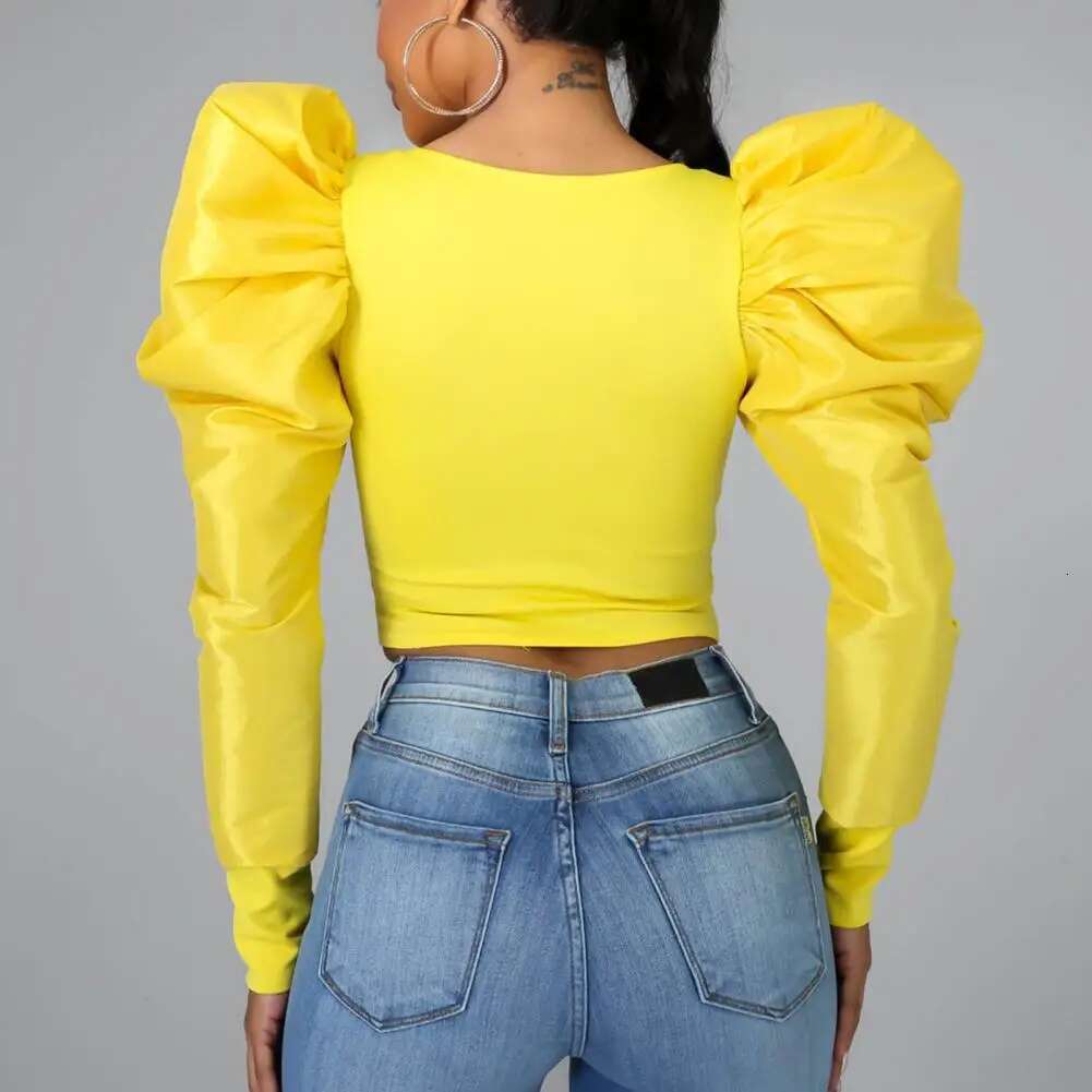 Women Casual Patchwork Outfits Puff Sleeve Stylish Pullover Top Female Spring Summer Skinny Blouse For Party